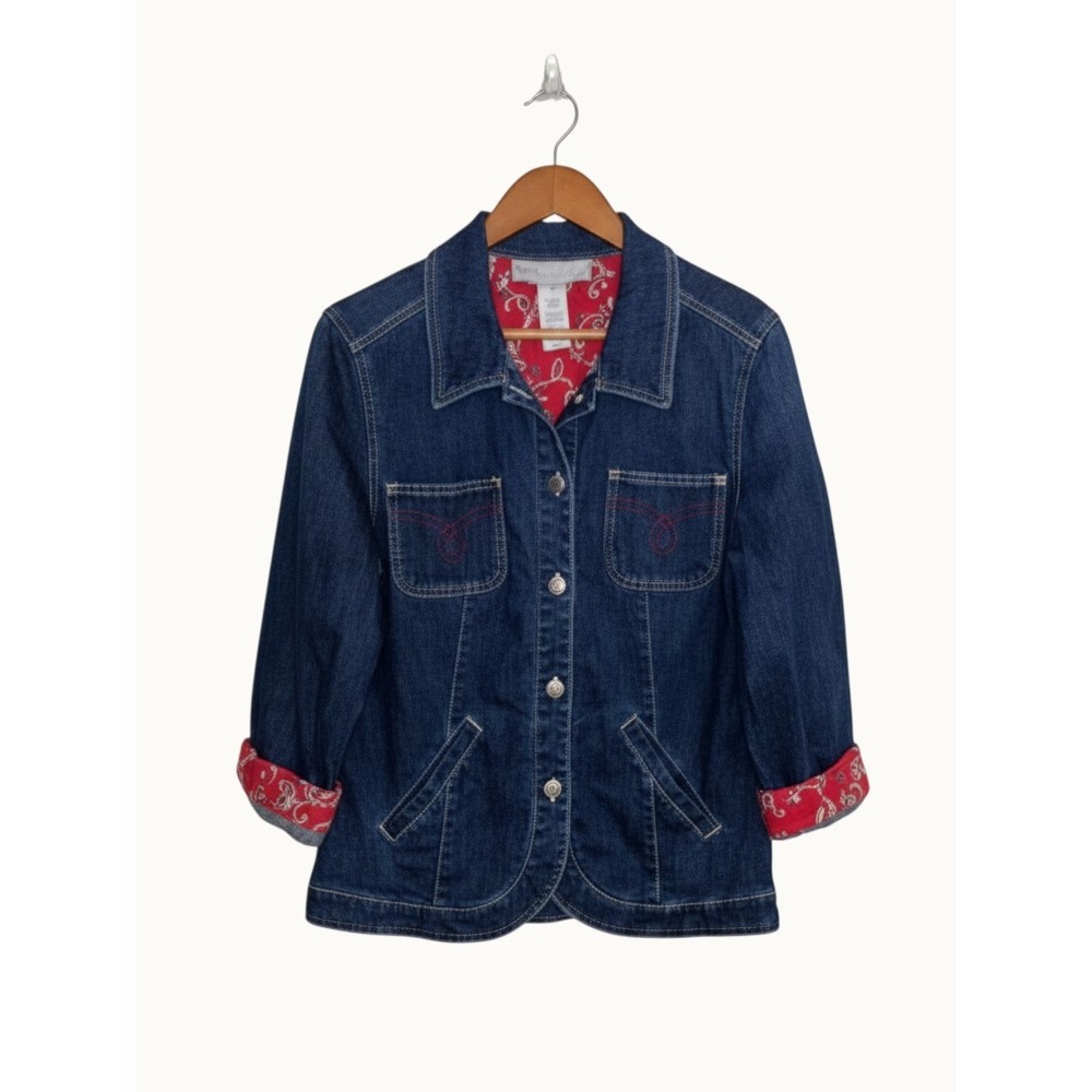 Sag Harbor Sport Denim Jacket Red Paisley Trim Cuffs 3/4 Sleeve Vintage Size 10